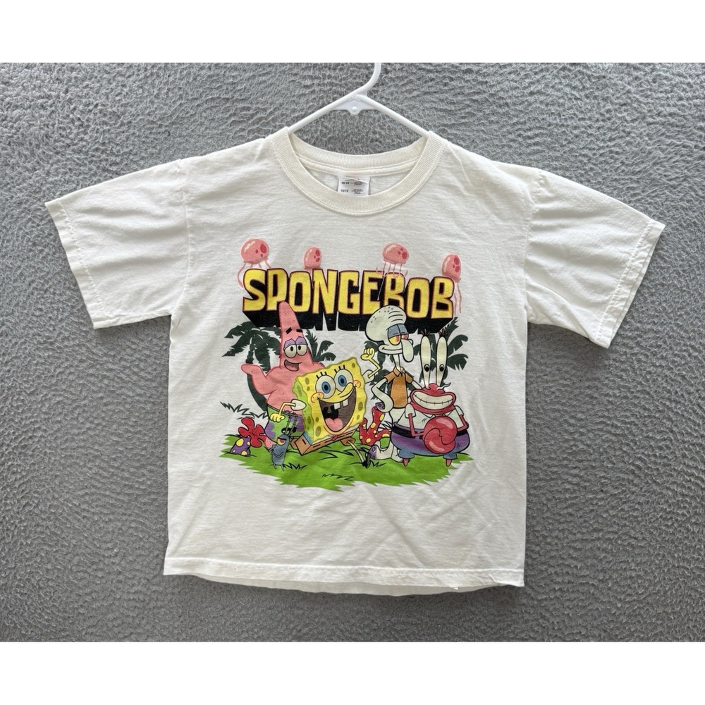 Vintage Spongebob Squarepants Shirt Boys Youth 10/11 White Crewneck Tee Y2K